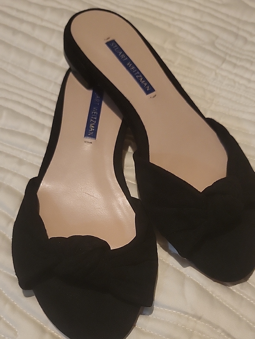 Stuart Weitzman Black Scalloped Knot Slide Mules